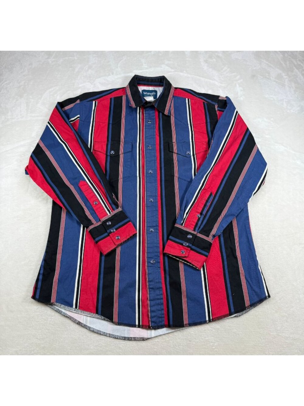 Vintage Wrangler Brushpopper Red Blue Stripe Pearl Snap Western Shirt L 90s Y2k